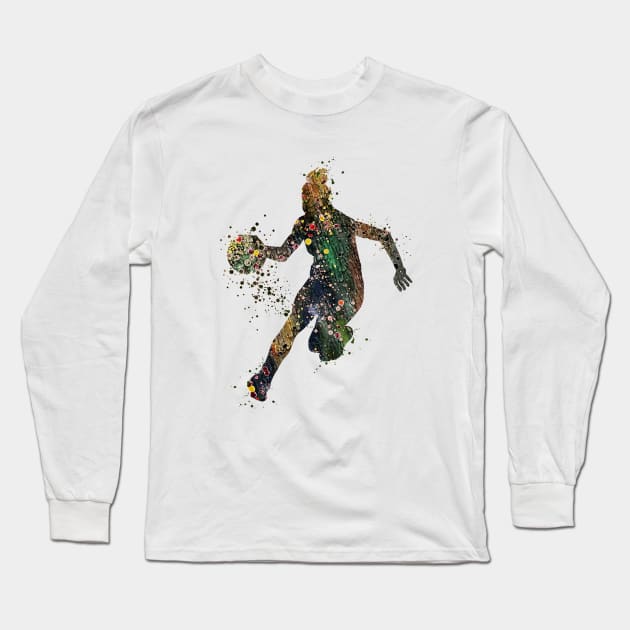 Girl Basketball Dribble Athlete Watercolor Silhouette Long Sleeve T-Shirt by LotusGifts